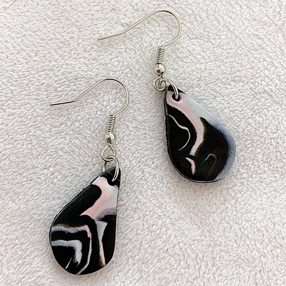 Marbled Water-Drop Polymer Clay Dangle Drop Earrings - Picture 2 of 6